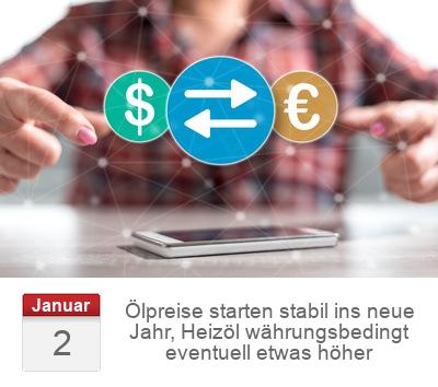 Ölpreise starten stabil ins neue Jahr, Heizöl währungsbedingt eventuell etwas höher