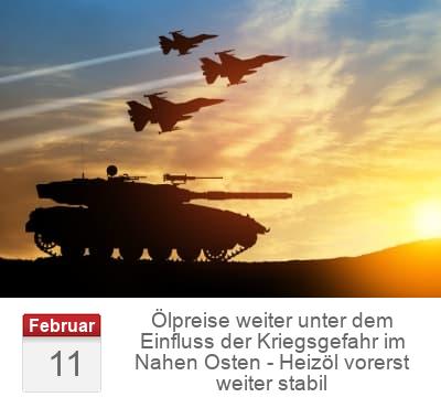 Ölpreise weiter unter dem Einfluss der Kriegsgefahr im Nahen Osten - Heizöl vorerst weiter stabil