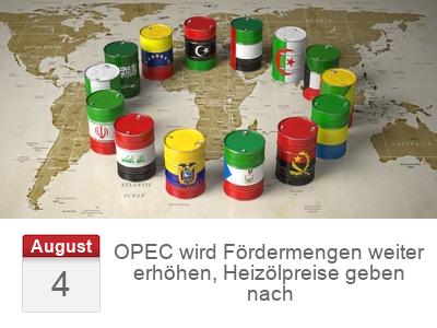 OPEC wird Fördermengen weiter erhöhen, Heizölpreise geben nach