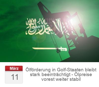 Ölförderung in Golf-Staaten bleibt stark beeinträchtigt - Ölpreise vorest weiter stabil