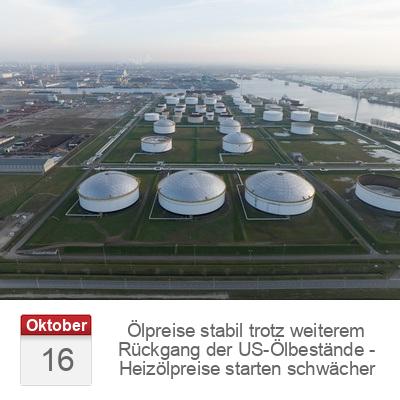 Ölpreise stabil trotz weiterem Rückgang der US-Ölbestände - Heizölpreise starten schwächer